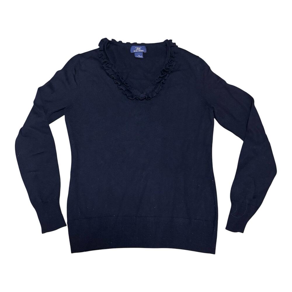 Brooks Brothers Black 100% Merino Wool Ruffled V Neck Sweater Women’s Medium